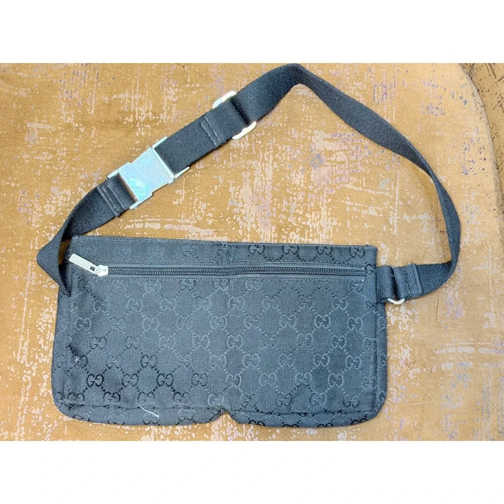 Gucci GG Monogram Canvas Waist Bag Black Belt Bag 001-3306 002436 Vintage Italy